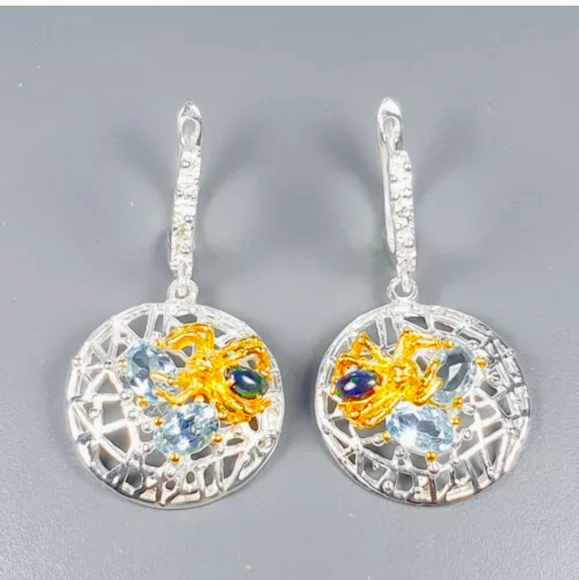Black Opal & aquamarine sterling/gold spider earrings - Picture 3 of 11